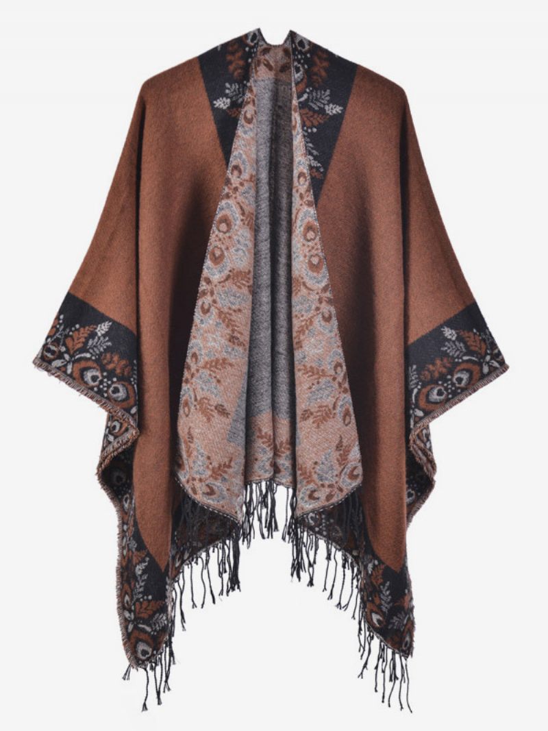 Cape Bohème À Franges Pour Femmes Imprimé Surdimensionné Ponchos Automne-hiver - Marron Café