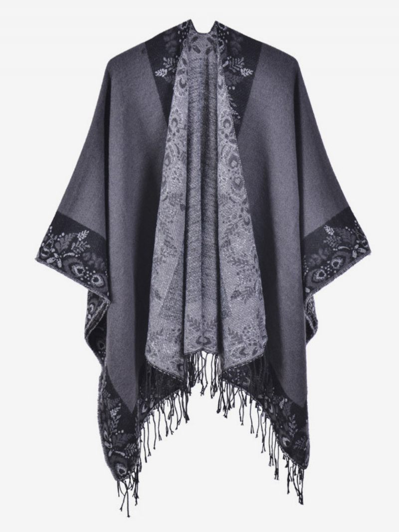 Cape Bohème À Franges Pour Femmes Imprimé Surdimensionné Ponchos Automne-hiver - Gris