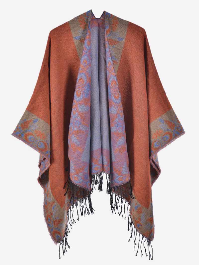 Cape Bohème À Franges Pour Femmes Imprimé Surdimensionné Ponchos Automne-hiver - Orange