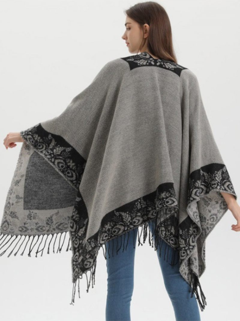 Cape Bohème À Franges Pour Femmes Imprimé Surdimensionné Ponchos Automne-hiver - Noir