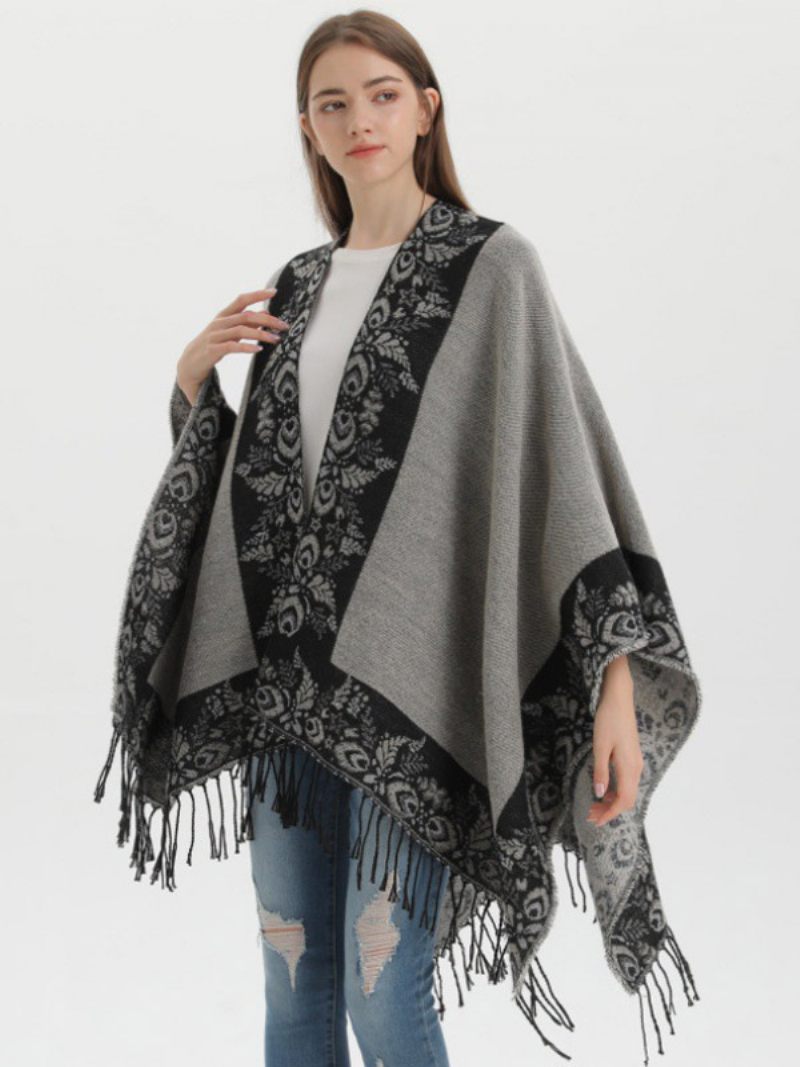 Cape Bohème À Franges Pour Femmes Imprimé Surdimensionné Ponchos Automne-hiver - Noir