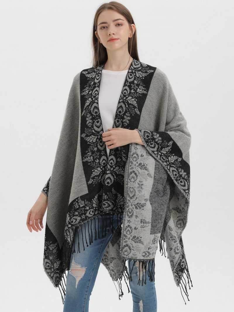 Cape Bohème À Franges Pour Femmes Imprimé Surdimensionné Ponchos Automne-hiver - Noir