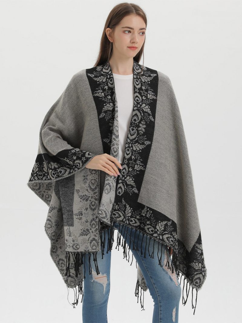 Cape Bohème À Franges Pour Femmes Imprimé Surdimensionné Ponchos Automne-hiver - Noir