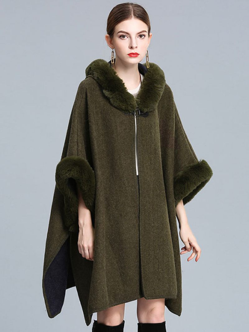 Cape À Capuche Fausse Fourrure Pour Femme Manteau Poncho D'automne 2024 - Vert