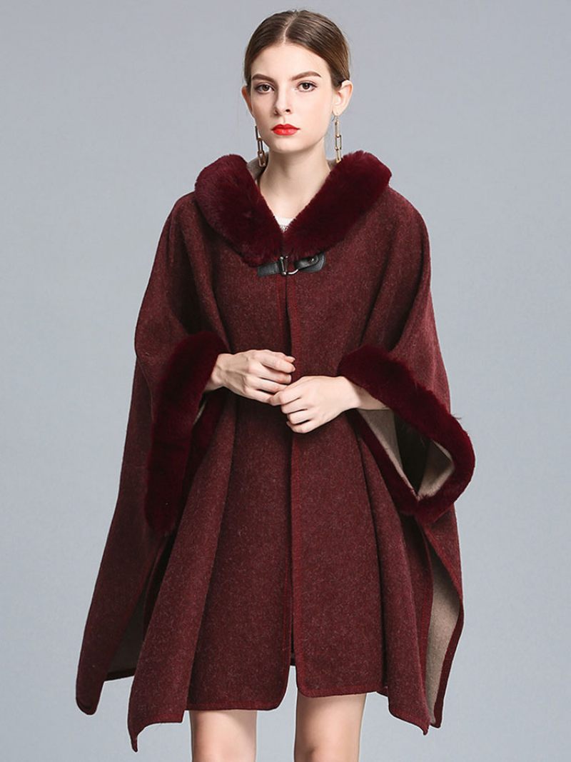 Cape À Capuche Fausse Fourrure Pour Femme Manteau Poncho D'automne 2024 - Bourgogne