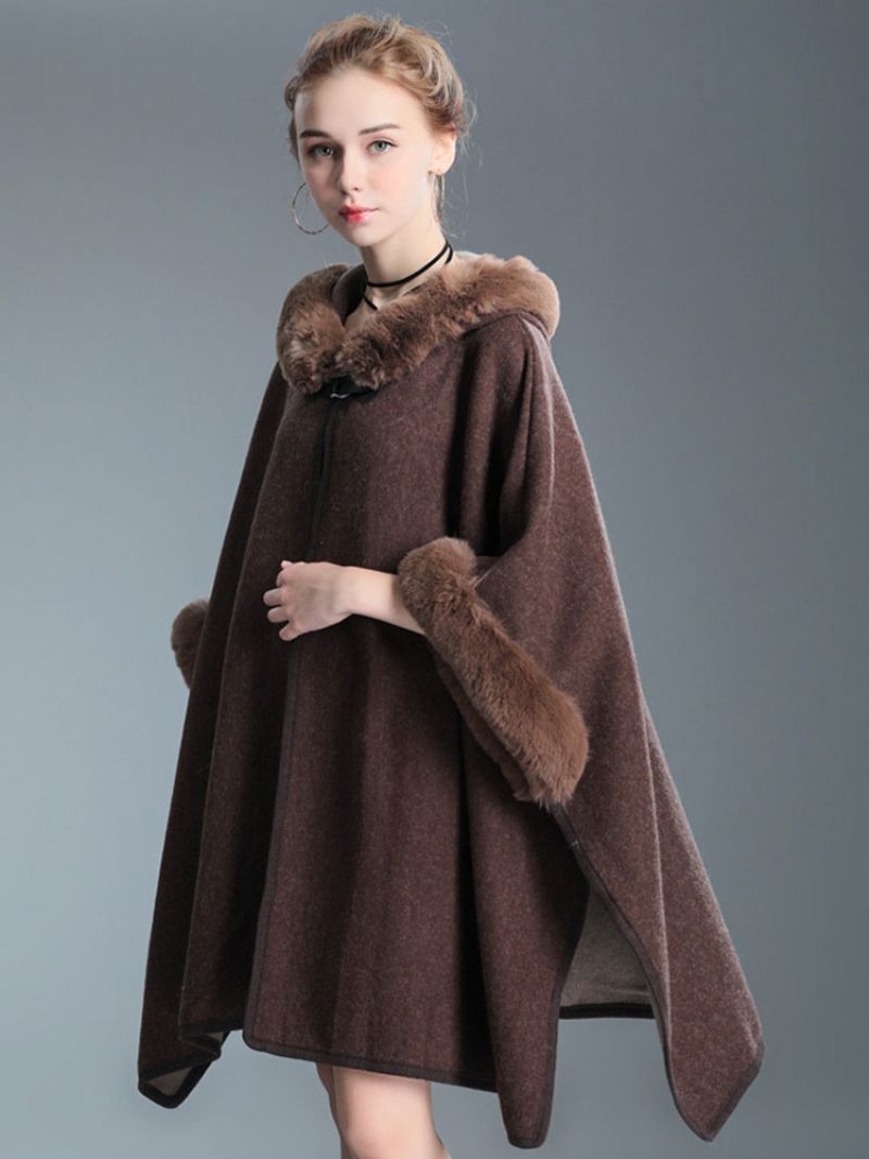 Cape À Capuche Fausse Fourrure Pour Femme Manteau Poncho D'automne 2024 - Marron Café