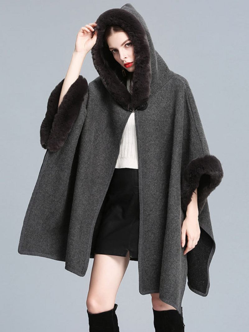 Cape À Capuche Fausse Fourrure Pour Femme Manteau Poncho D'automne 2024 - Gris