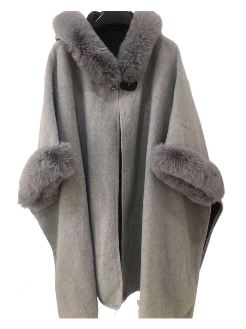 Cape À Capuche Fausse Fourrure Pour Femme Manteau Poncho D'automne 2024 - Gris Clair