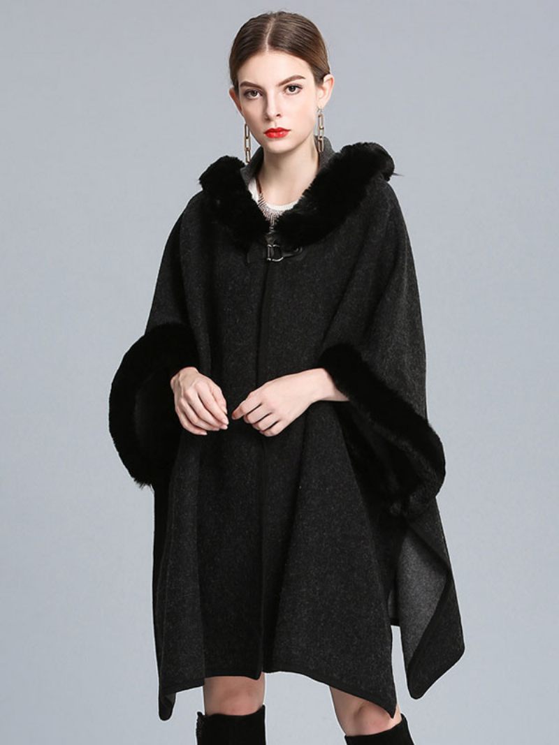 Cape À Capuche Fausse Fourrure Pour Femme Manteau Poncho D'automne 2024 - Noir