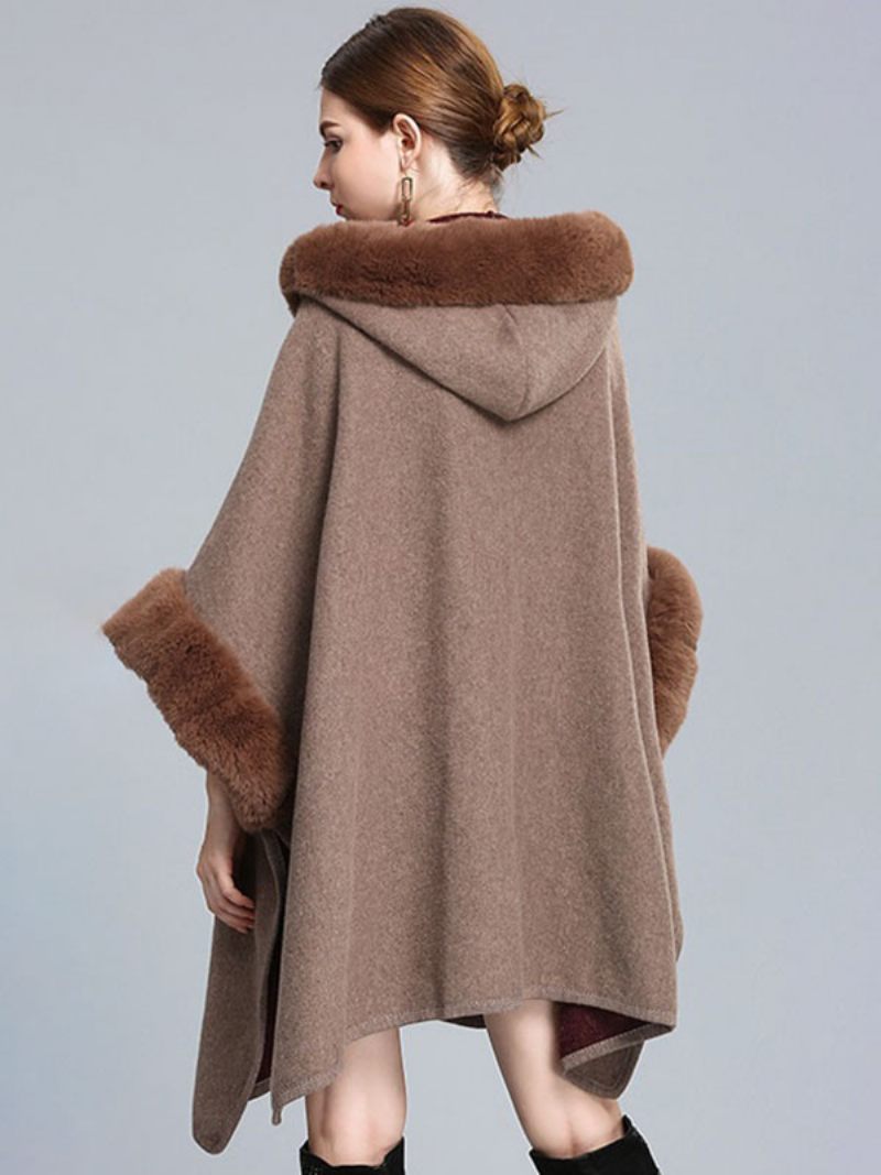 Cape À Capuche Fausse Fourrure Pour Femme Manteau Poncho D'automne 2024 - Kaki