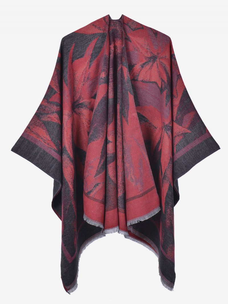 Cape Classique Pour Femmes Imprimé Floral Surdimensionné Décontracté Poncho Quotidien - Noir Rouge