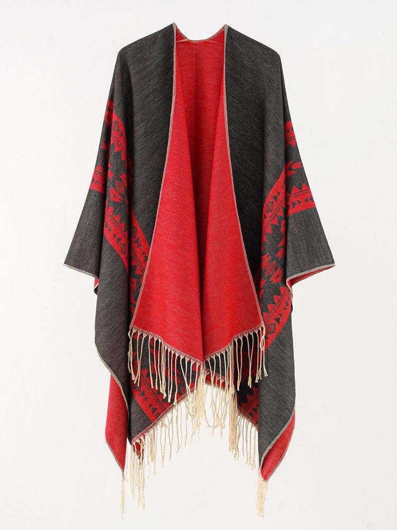 Cape Décontractée Quotidienne Poncho Imprimée Pour Femme Avec Frange - Rouge