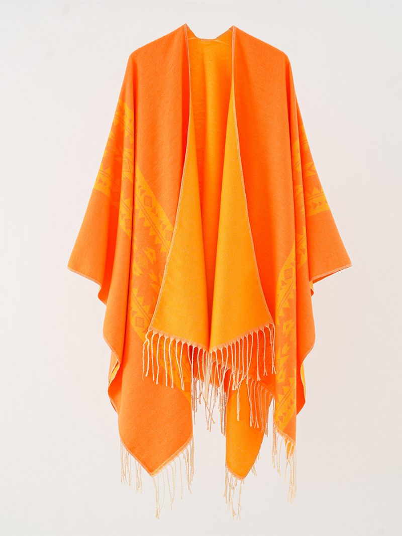 Cape Décontractée Quotidienne Poncho Imprimée Pour Femme Avec Frange - Orange