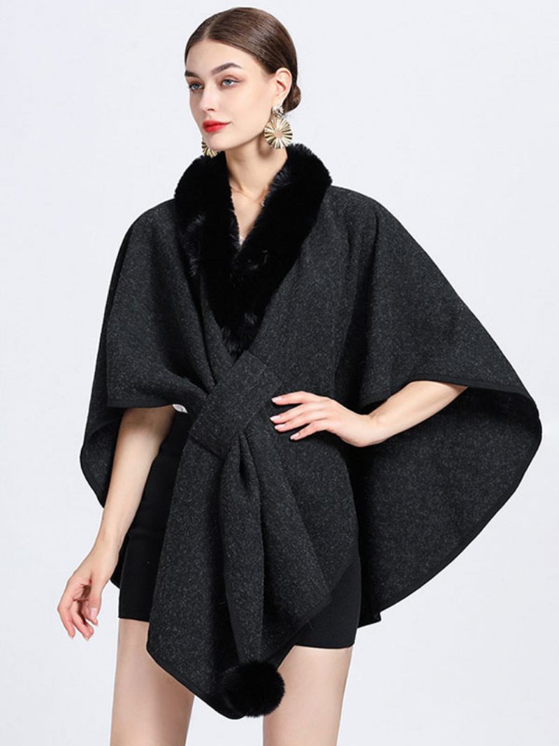 Cape Fausse Fourrure Châle Wraps Automne Vêtements D'extérieur Pour Femmes - Noir