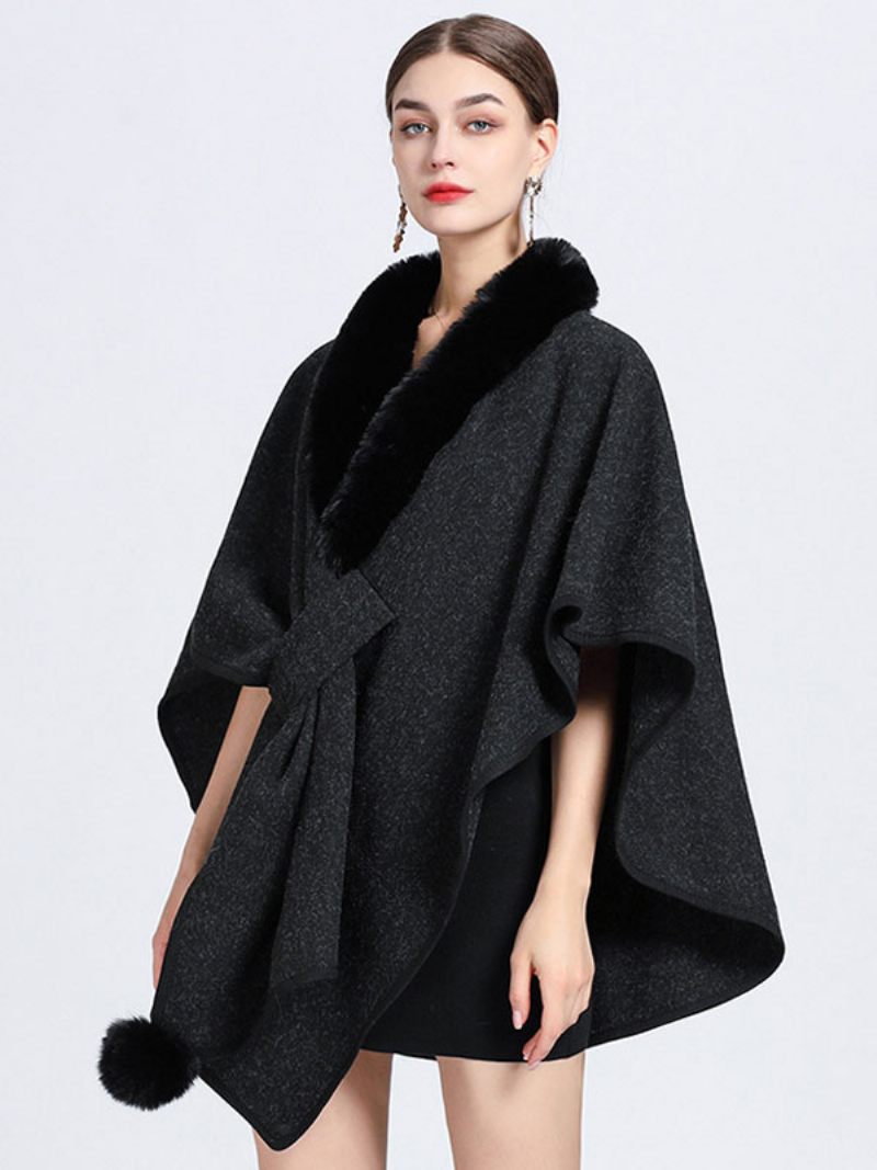 Cape Fausse Fourrure Châle Wraps Automne Vêtements D'extérieur Pour Femmes - Noir