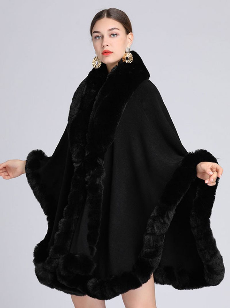 Cape Fausse Fourrure Mariée Wraps Poncho Manteau Pour Femme - Noir