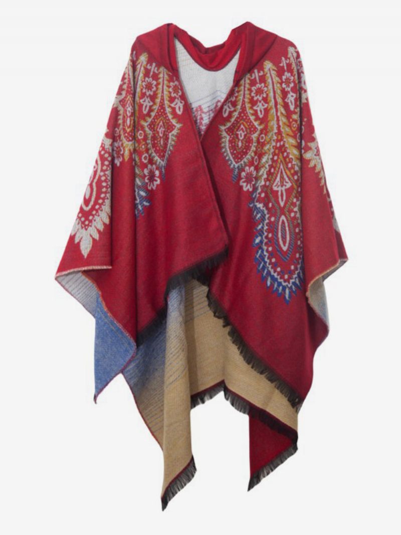 Cape À Franges Surdimensionnée Rouge Capuche Imprimée Poncho Pour Femme - Rouge