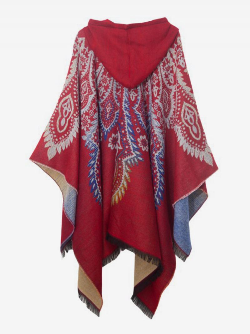 Cape À Franges Surdimensionnée Rouge Capuche Imprimée Poncho Pour Femme - Rouge