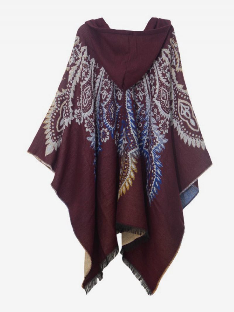 Cape À Franges Surdimensionnée Rouge Capuche Imprimée Poncho Pour Femme - Café Marron