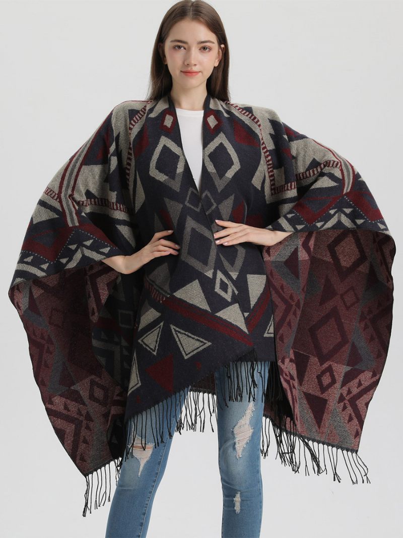 Cape Géométrique Pour Femme Avec Frange Poncho Surdimensionné Automne-hiver