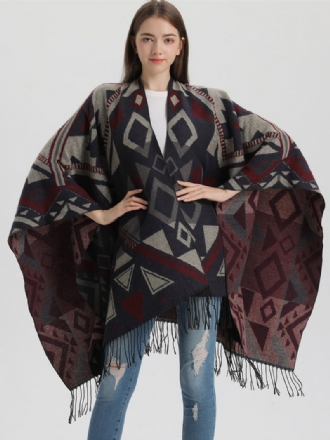 Cape Géométrique Pour Femme Avec Frange Poncho Surdimensionné Automne-hiver