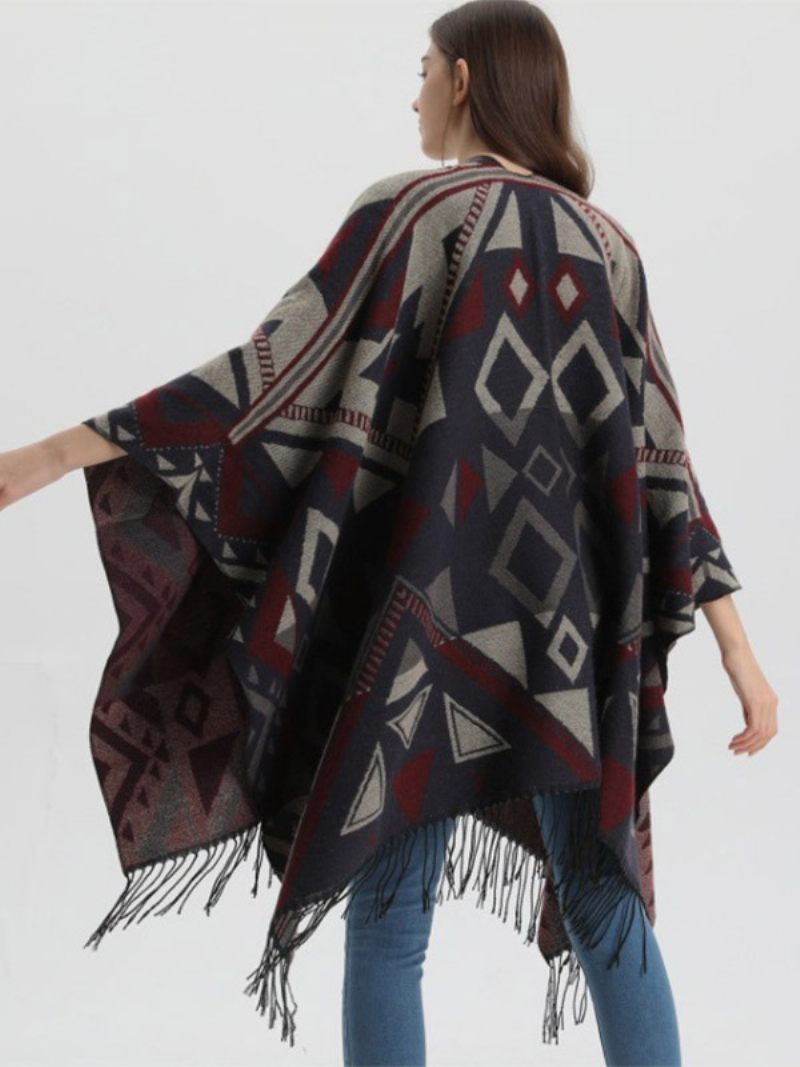 Cape Géométrique Pour Femme Avec Frange Poncho Surdimensionné Automne-hiver - Marine Foncé