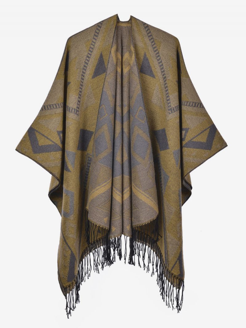 Cape Géométrique Pour Femme Avec Frange Poncho Surdimensionné Automne-hiver - Jaune