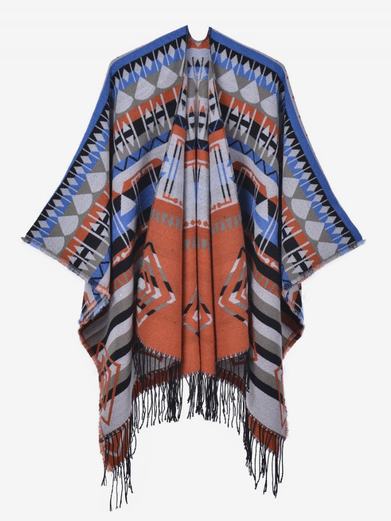 Cape Géométrique Pour Femme Avec Frange Poncho Surdimensionné Automne-hiver - Bleu