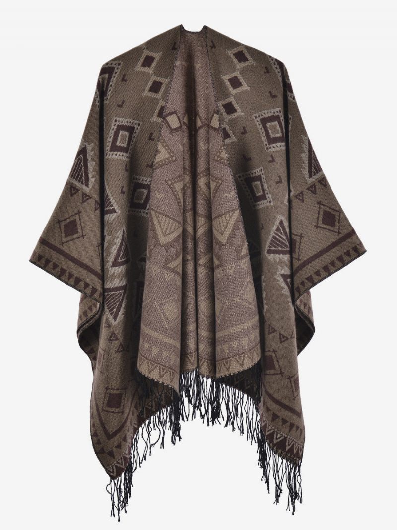 Cape Géométrique Pour Femme Avec Frange Poncho Surdimensionné Automne-hiver - Kaki