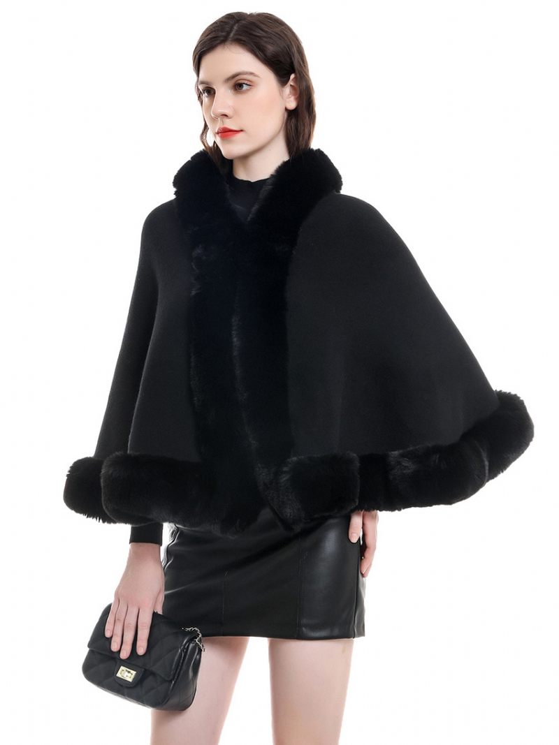 Cape Mariage Pour Femme Châle Fausse Fourrure Vêtements D'extérieur D'hiver Mariée - Noir