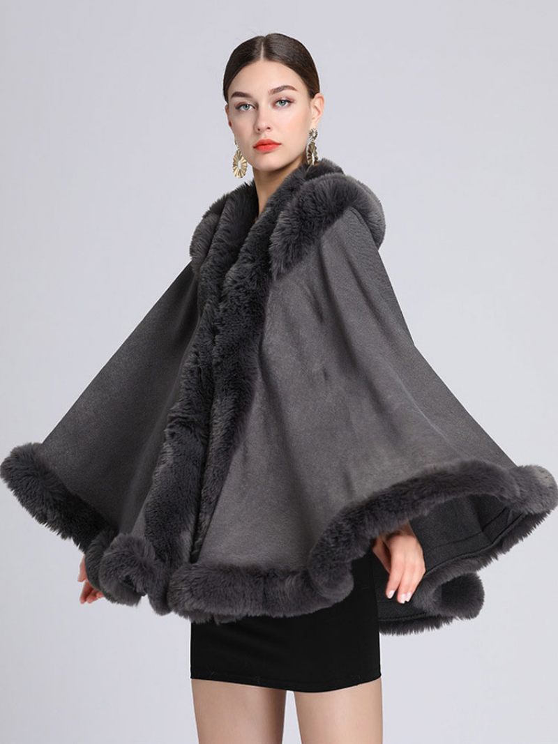 Cape Noël Fausse Fourrure À Capuche Poncho Manteau Pour Femmes 2024 - Gris Foncé