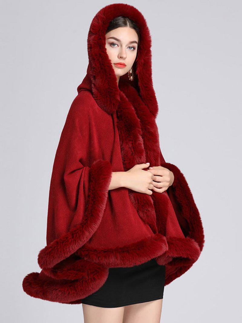 Cape Noël Fausse Fourrure À Capuche Poncho Manteau Pour Femmes 2024 - Bourgogne