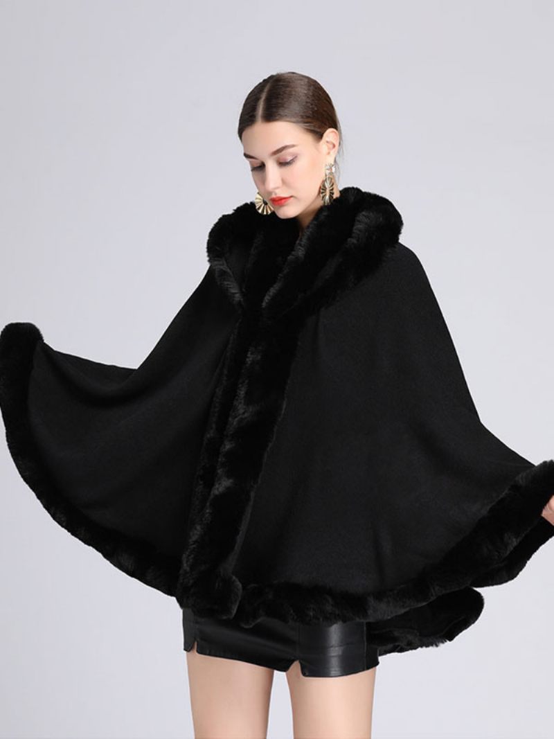 Cape Noël Fausse Fourrure À Capuche Poncho Manteau Pour Femmes 2024 - Noir