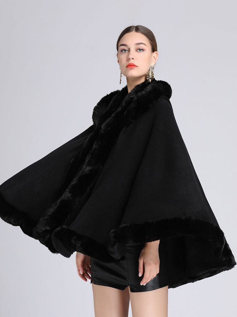 Cape Noël Fausse Fourrure À Capuche Poncho Manteau Pour Femmes 2024 - Noir