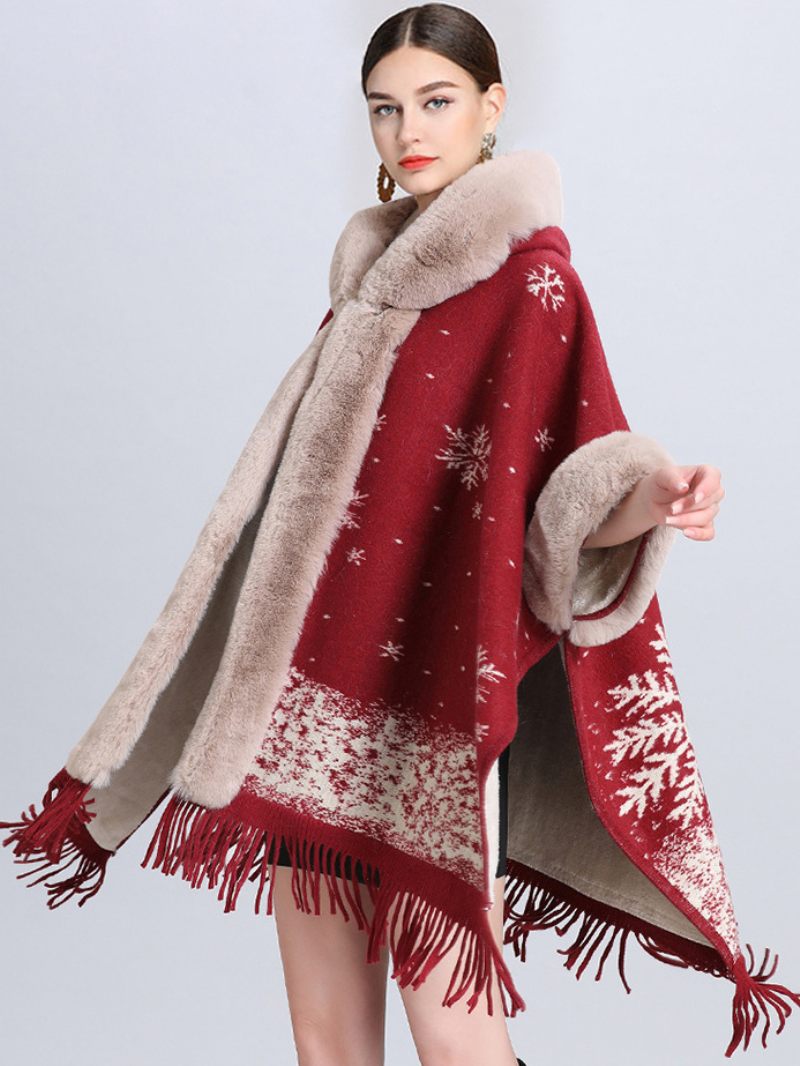 Cape Noël Pour Femme - Manteau À Capuche Avec Franges Carreaux Poncho D'hiver Vêtements D'extérieur - Rouge Foncé