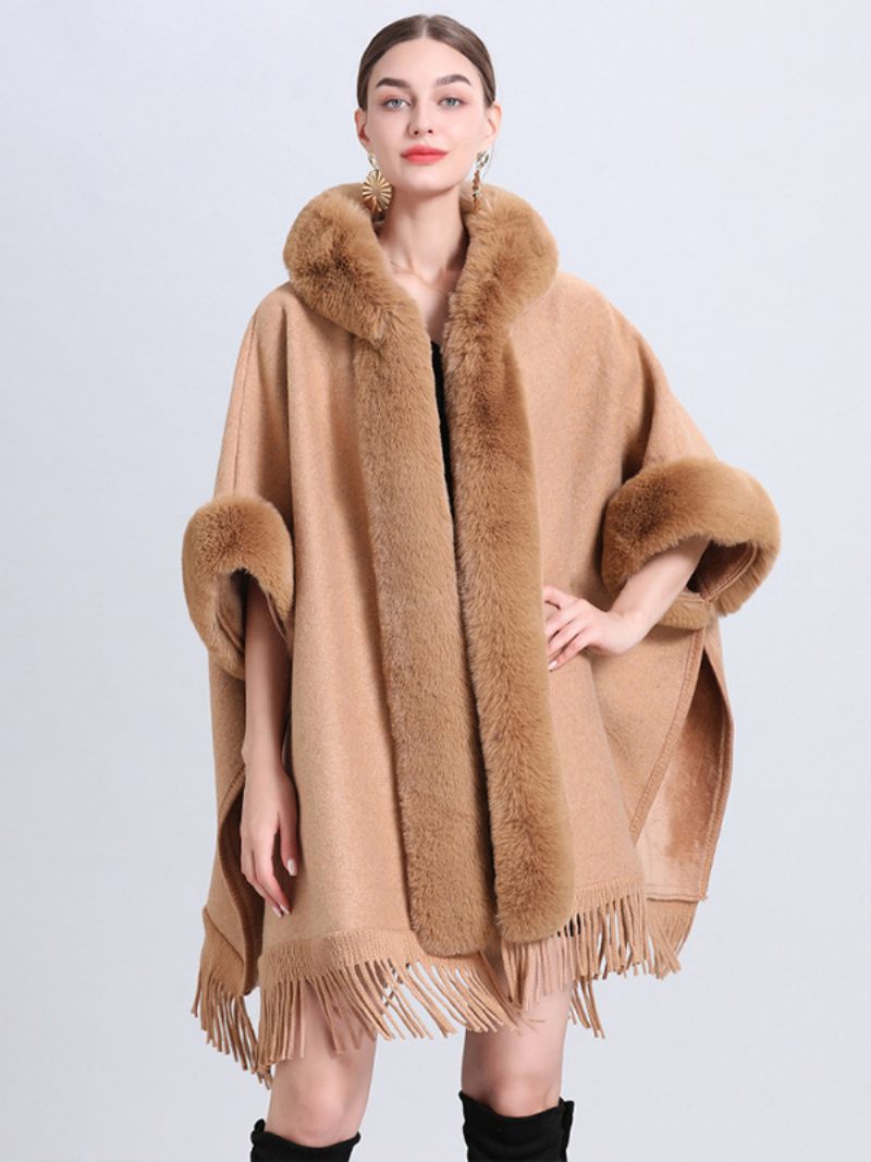 Cape Noël Pour Femme - Manteau À Capuche Avec Franges Carreaux Poncho D'hiver Vêtements D'extérieur - Camel