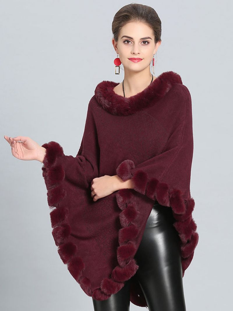 Cape Poncho Bordeaux Avec Ourlet Fourrure Vêtements D'extérieur Printemps Pour Femmes