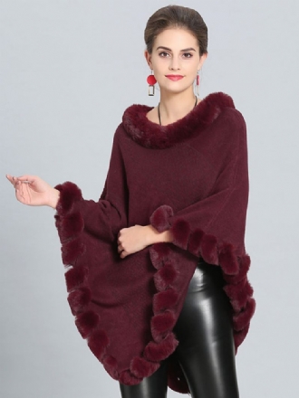 Cape Poncho Bordeaux Avec Ourlet Fourrure Vêtements D'extérieur Printemps Pour Femmes