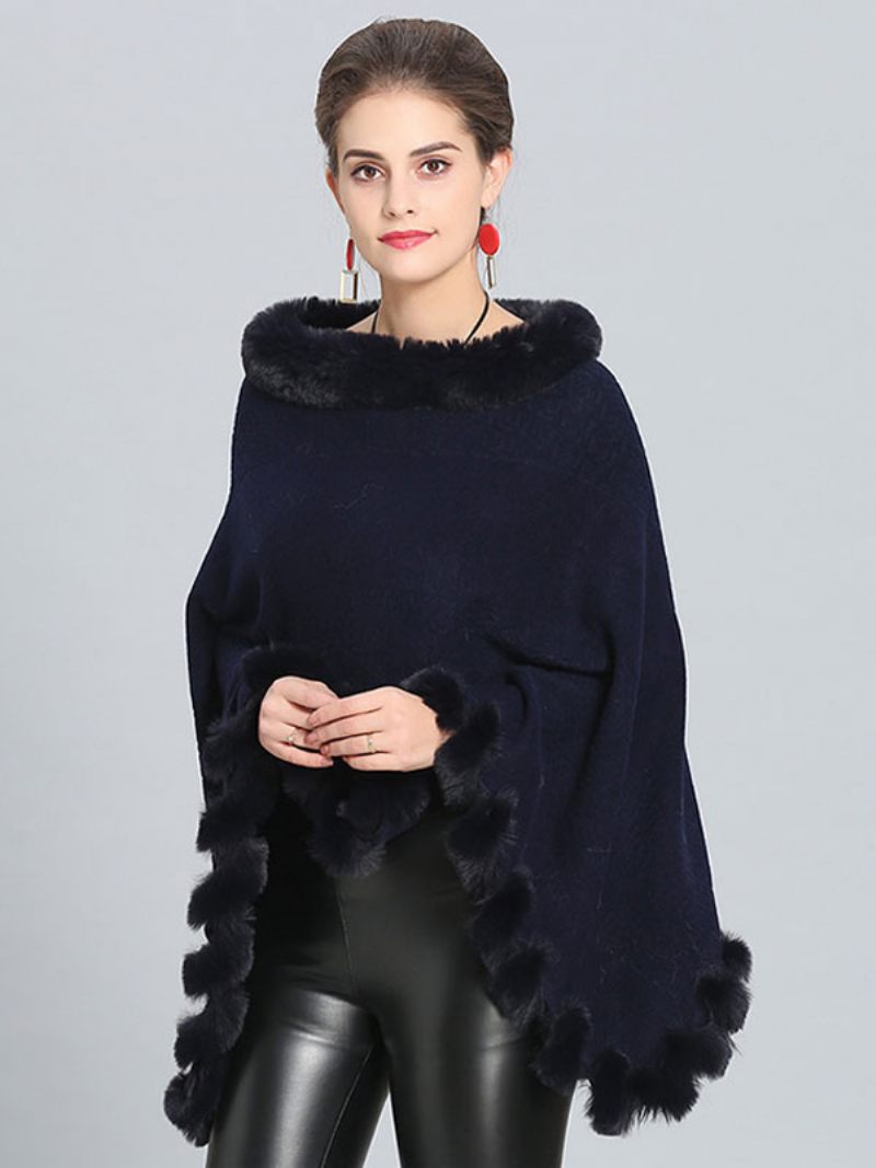 Cape Poncho Bordeaux Avec Ourlet Fourrure Vêtements D'extérieur Printemps Pour Femmes - Bleu Marine Foncé