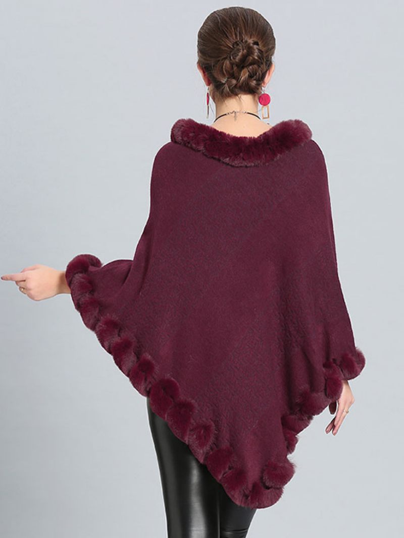 Cape Poncho Bordeaux Avec Ourlet Fourrure Vêtements D'extérieur Printemps Pour Femmes - Bourgogne