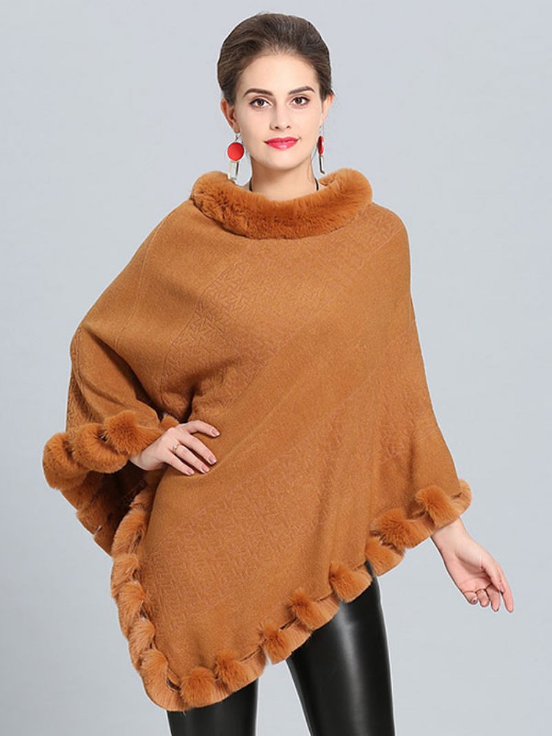 Cape Poncho Bordeaux Avec Ourlet Fourrure Vêtements D'extérieur Printemps Pour Femmes - Camel