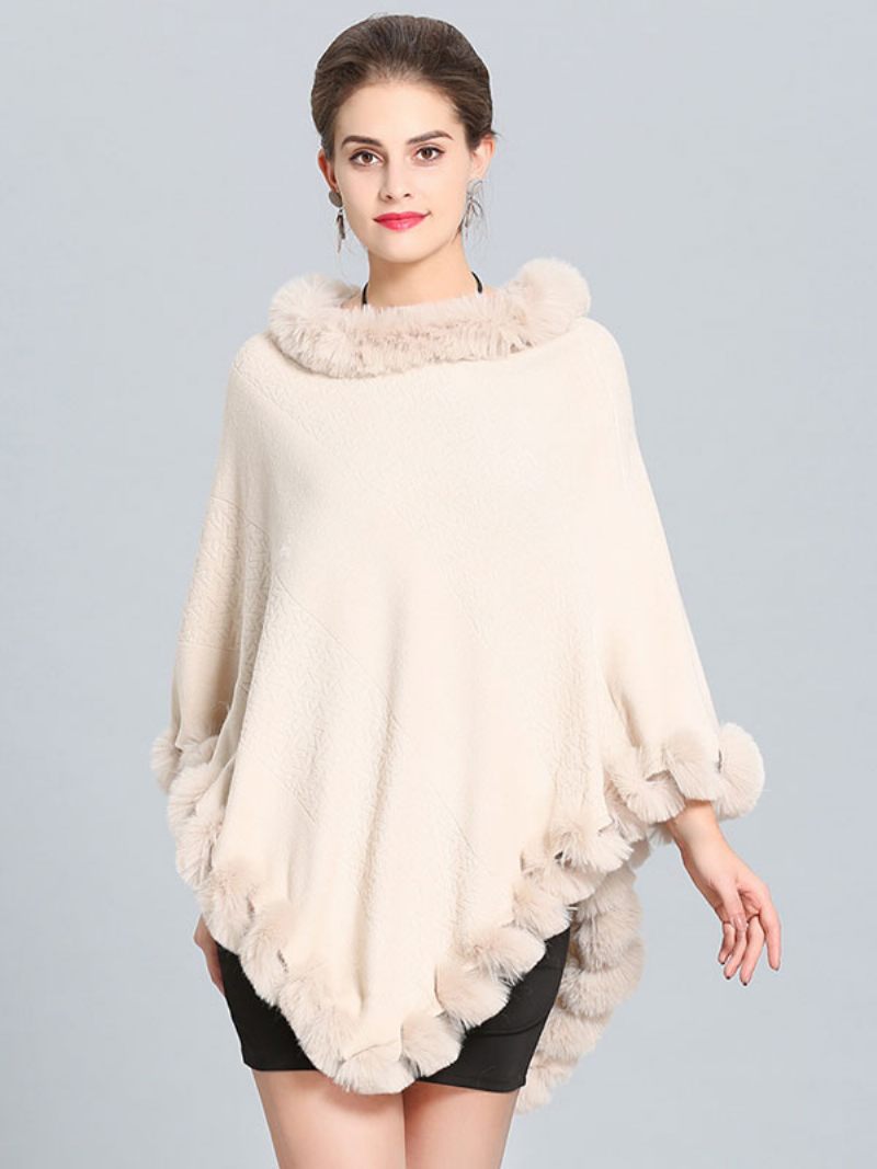 Cape Poncho Bordeaux Avec Ourlet Fourrure Vêtements D'extérieur Printemps Pour Femmes - Beige