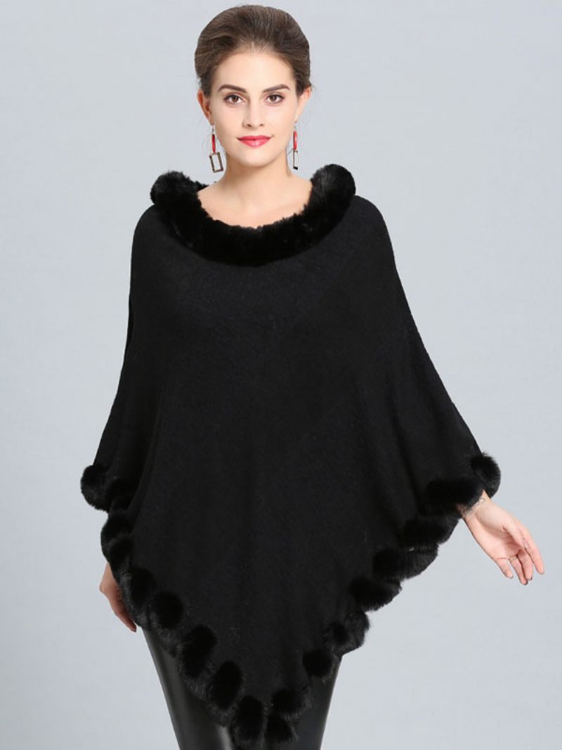 Cape Poncho Bordeaux Avec Ourlet Fourrure Vêtements D'extérieur Printemps Pour Femmes - Noir