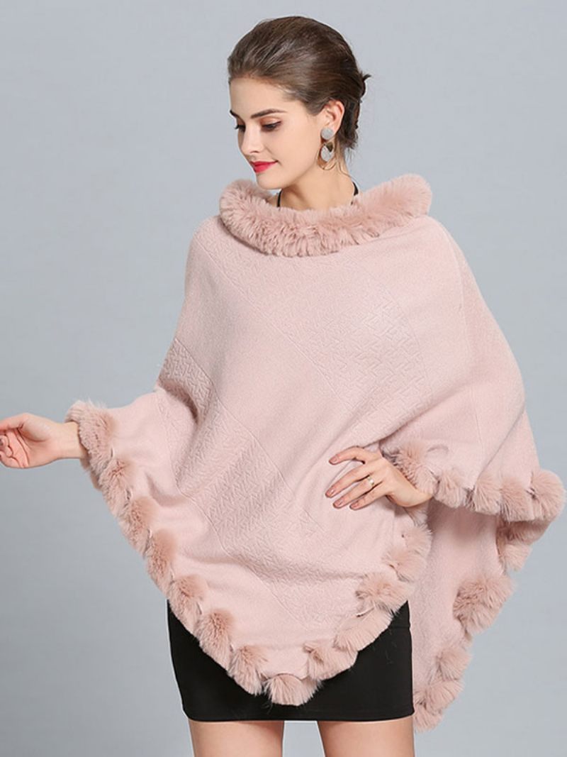 Cape Poncho Bordeaux Avec Ourlet Fourrure Vêtements D'extérieur Printemps Pour Femmes - Rose Tendre