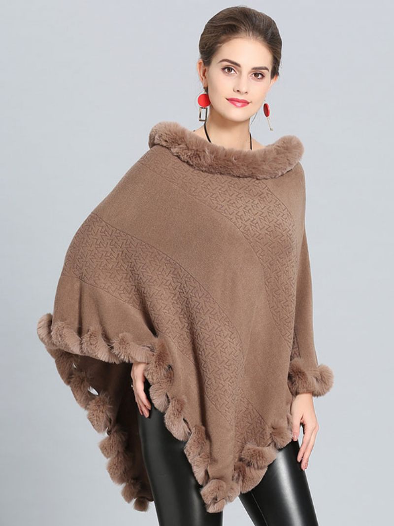 Cape Poncho Bordeaux Avec Ourlet Fourrure Vêtements D'extérieur Printemps Pour Femmes - Kaki