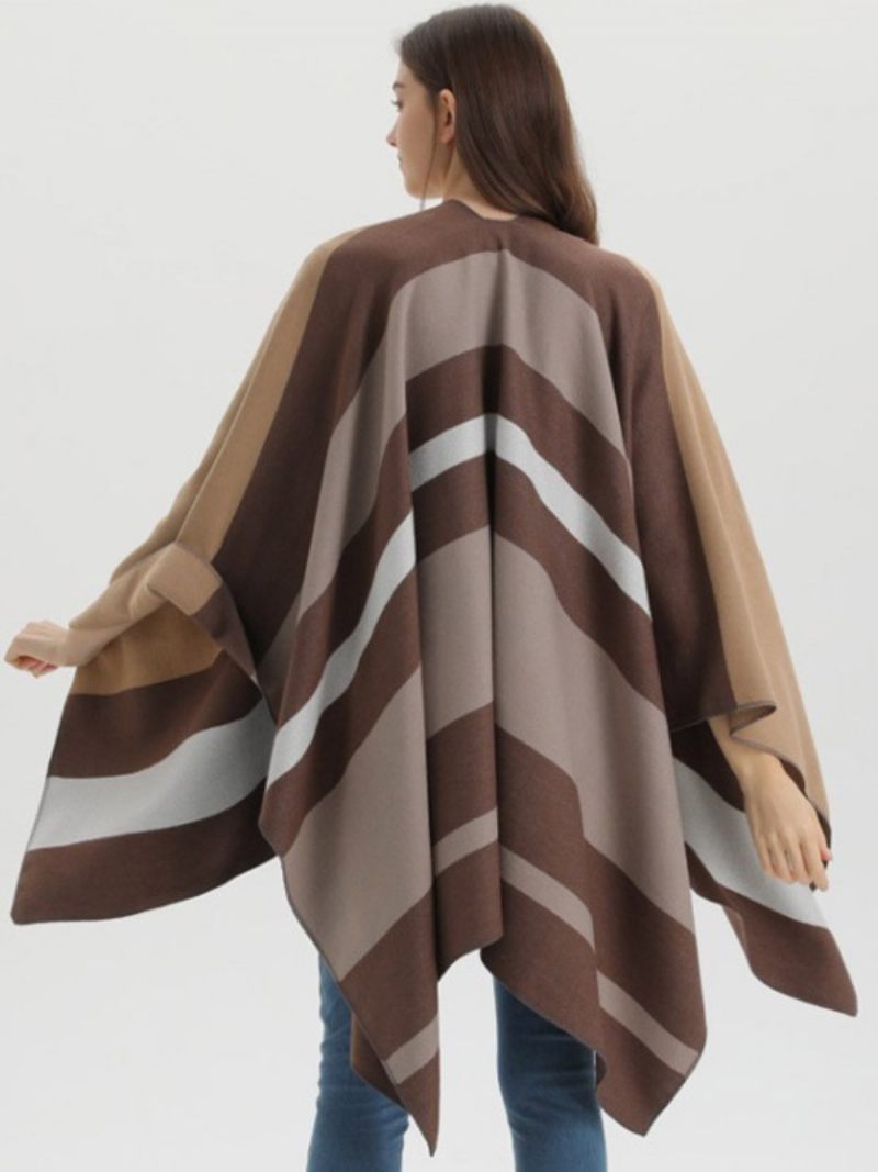 Cape Surdimensionnée Pour Femmes Rayures Bloc Couleurs Automne Hiver Poncho - Marron Café