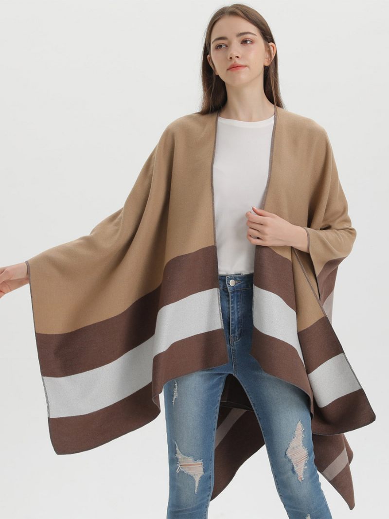 Cape Surdimensionnée Pour Femmes Rayures Bloc Couleurs Automne Hiver Poncho - Marron Café