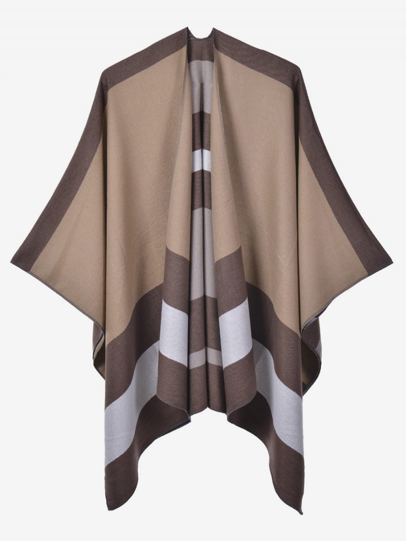 Cape Surdimensionnée Pour Femmes Rayures Bloc Couleurs Automne Hiver Poncho - Marron Café