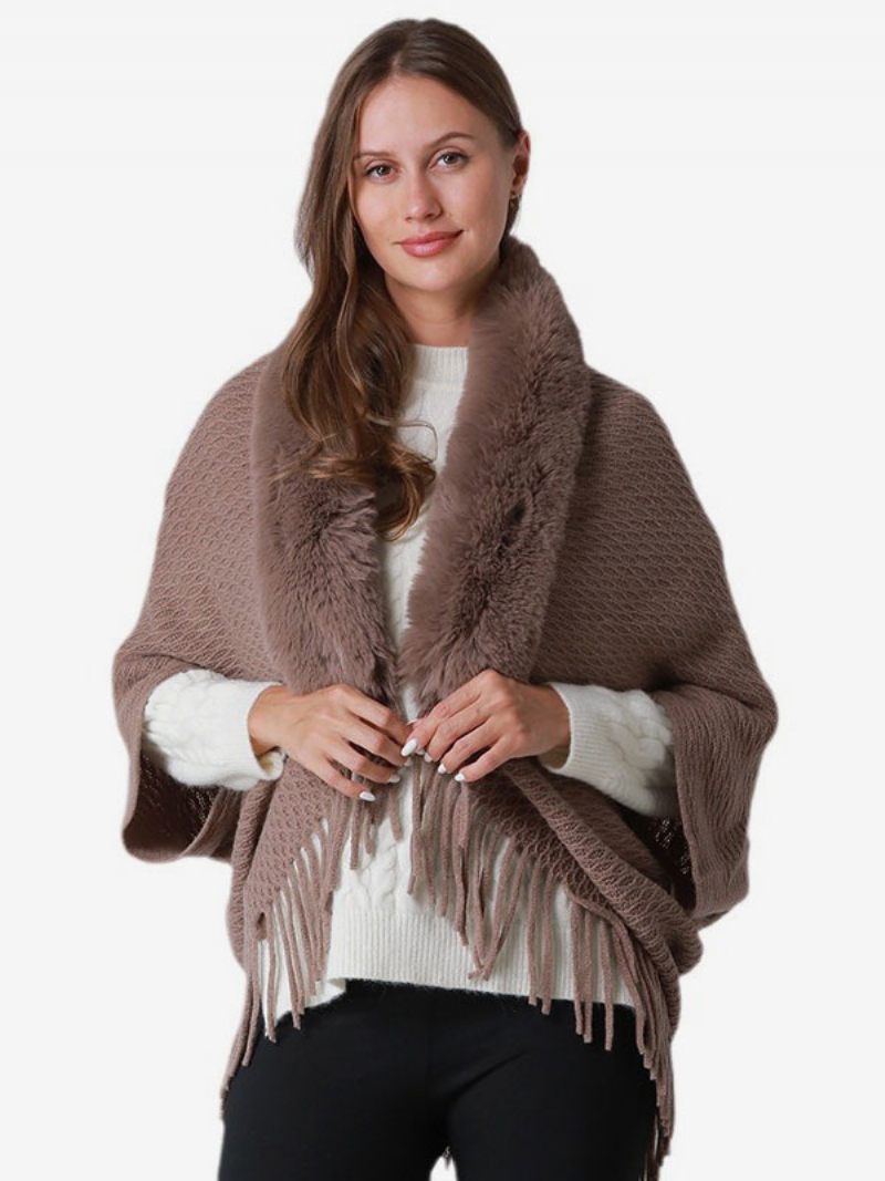 Cape Surdimensionnée À Franges Et Manches Poncho Fausse Fourrure Pour Femme - Marron Café