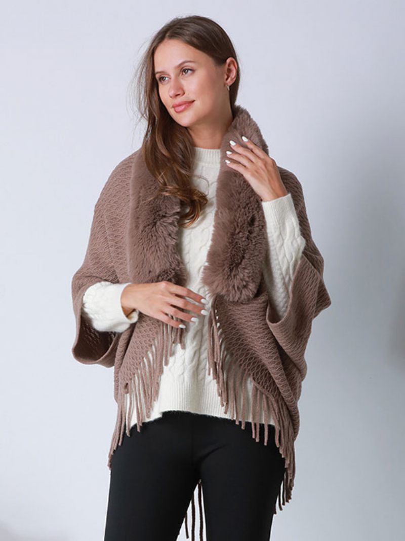 Cape Surdimensionnée À Franges Et Manches Poncho Fausse Fourrure Pour Femme - Marron Café